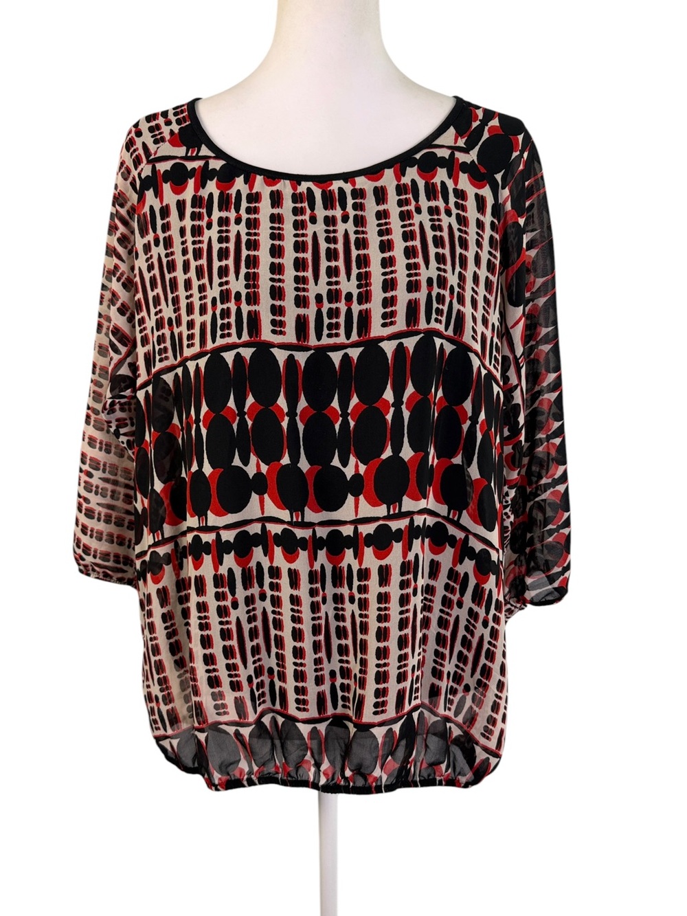 Hannah Geometric Print Bubble Hem Blouse Medium Black Red Sheer 3/4 Sleeve - Picture 2 of 11